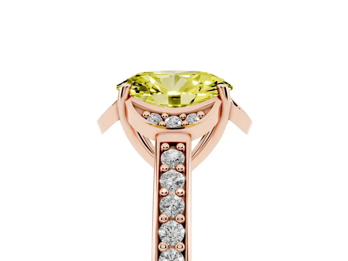Fancy Yellow Oval Cut Cut Halo Diamond Ring with Channel Set Band and Four-Prong Setting Rose gold