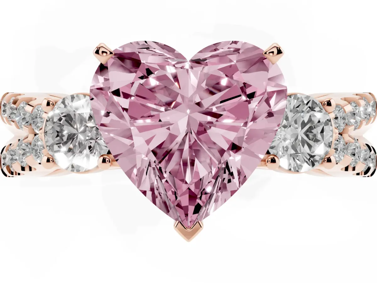 Fancy Pink Heart Cut Diamond Three-Stone Ring with Pavé Split Shank and Four-Prong Setting Rose gold