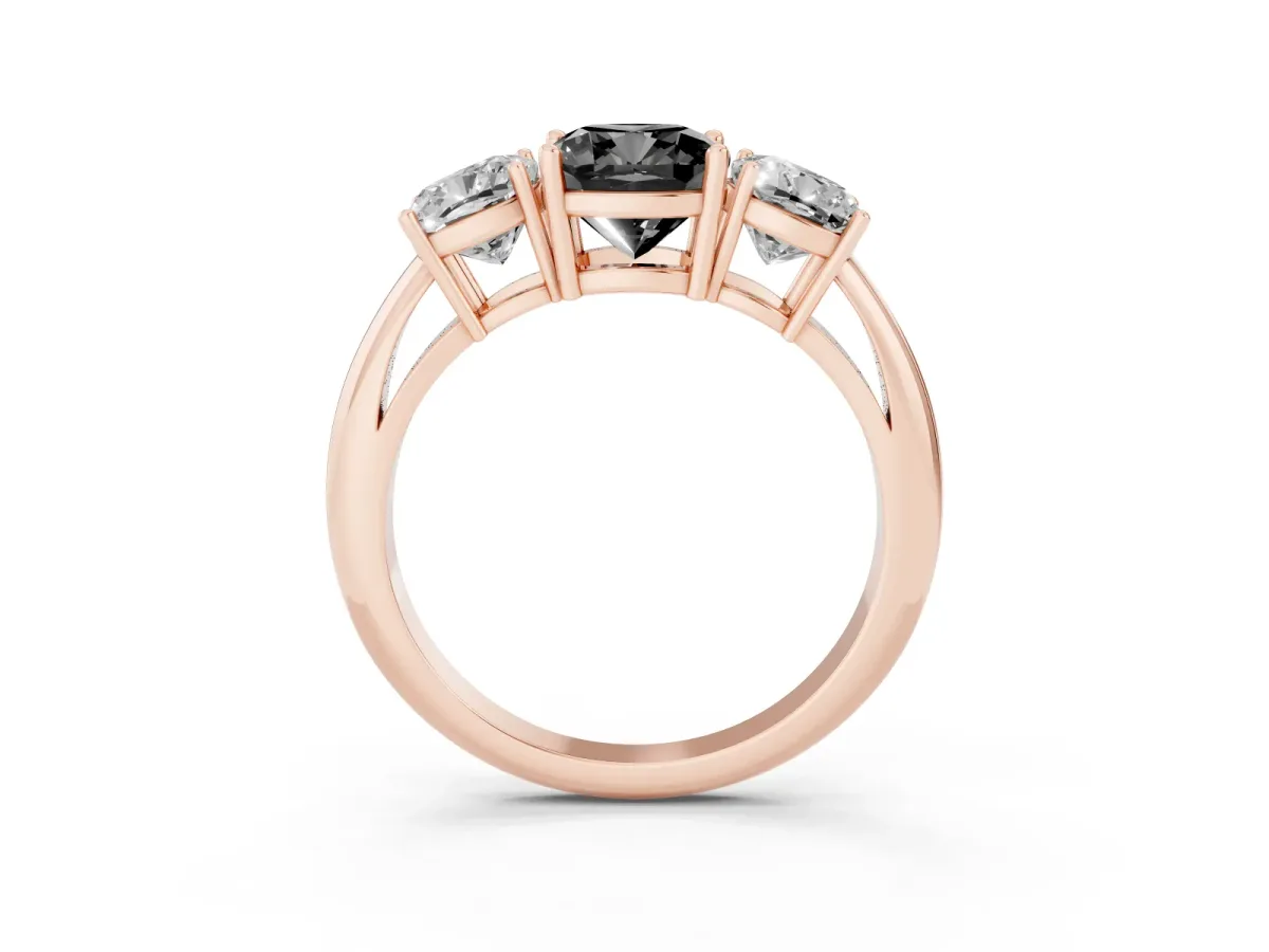 Fancy Black Three-Stone Cushion Cut Cut Diamond Engagement Ring with Prong Setting on a White Gold Band Rose gold