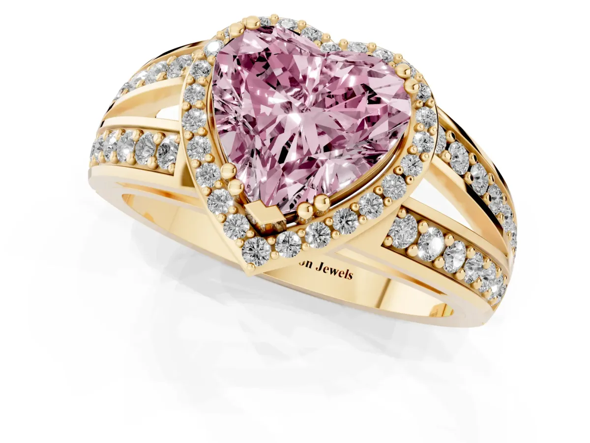 Fancy Pink Heart Cut Diamond Halo Ring with Split Shank Pavé Band and Four-Prong Setting Yellow gold