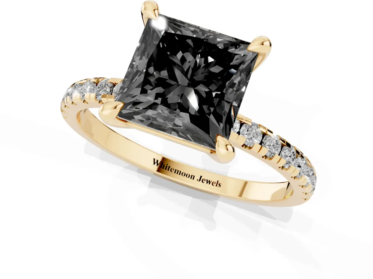 Fancy Black Princess Cut Diamond Brilliant Solitaire Ring with Pavé Band and Four-Prong Setting Yellow gold