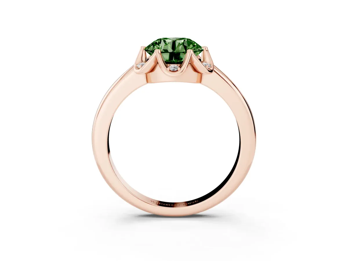 Fancy Green Round Cut Halo Diamond Ring with Round Cluster Setting, Solitaire Band, and Four-Prong Setting Rose gold