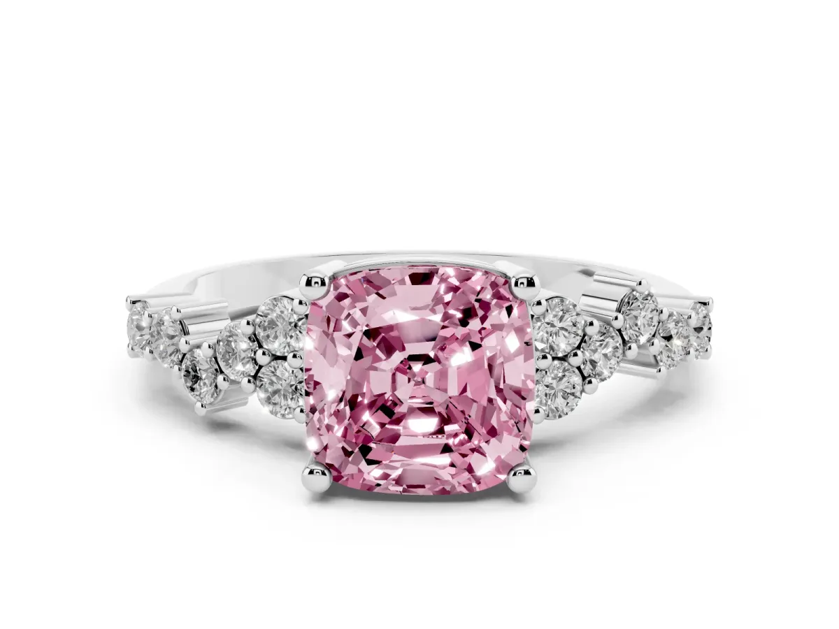 Fancy Pink Cushion Cut Diamond Scattered Round Accent Ring with Prong Setting White gold