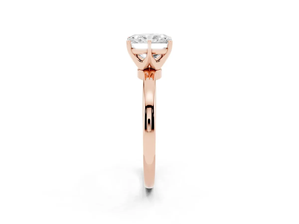 Radiant Cut Solitaire Diamond Ring with Six-Prong Setting on a Classic Band Rose gold