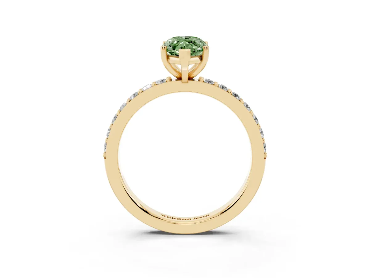 Fancy Green Marquise Cut Cut Diamond Solitaire with Pave Band and Four-Prong Setting Yellow gold