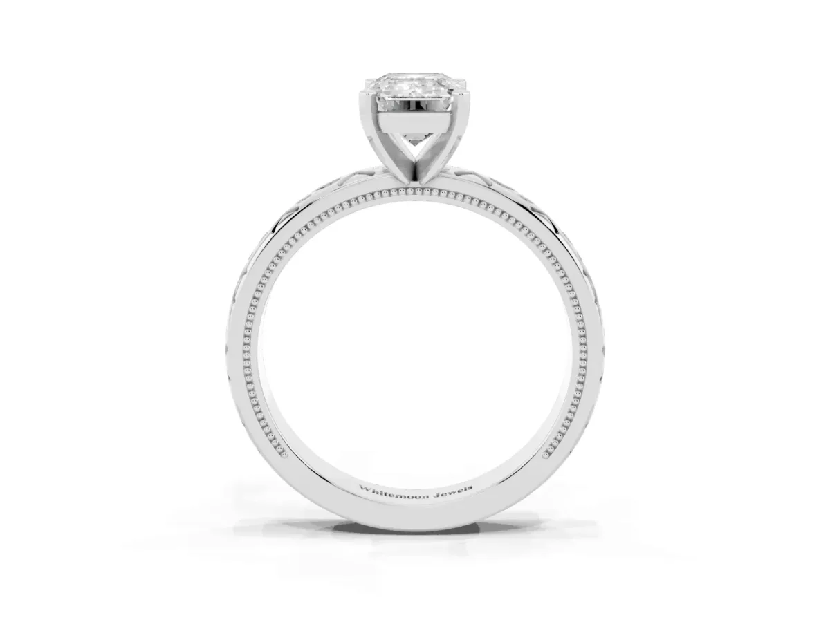 Emerald Cut Solitaire Engagement Ring with Scrollwork Band and Four-Prong Setting Platinum
