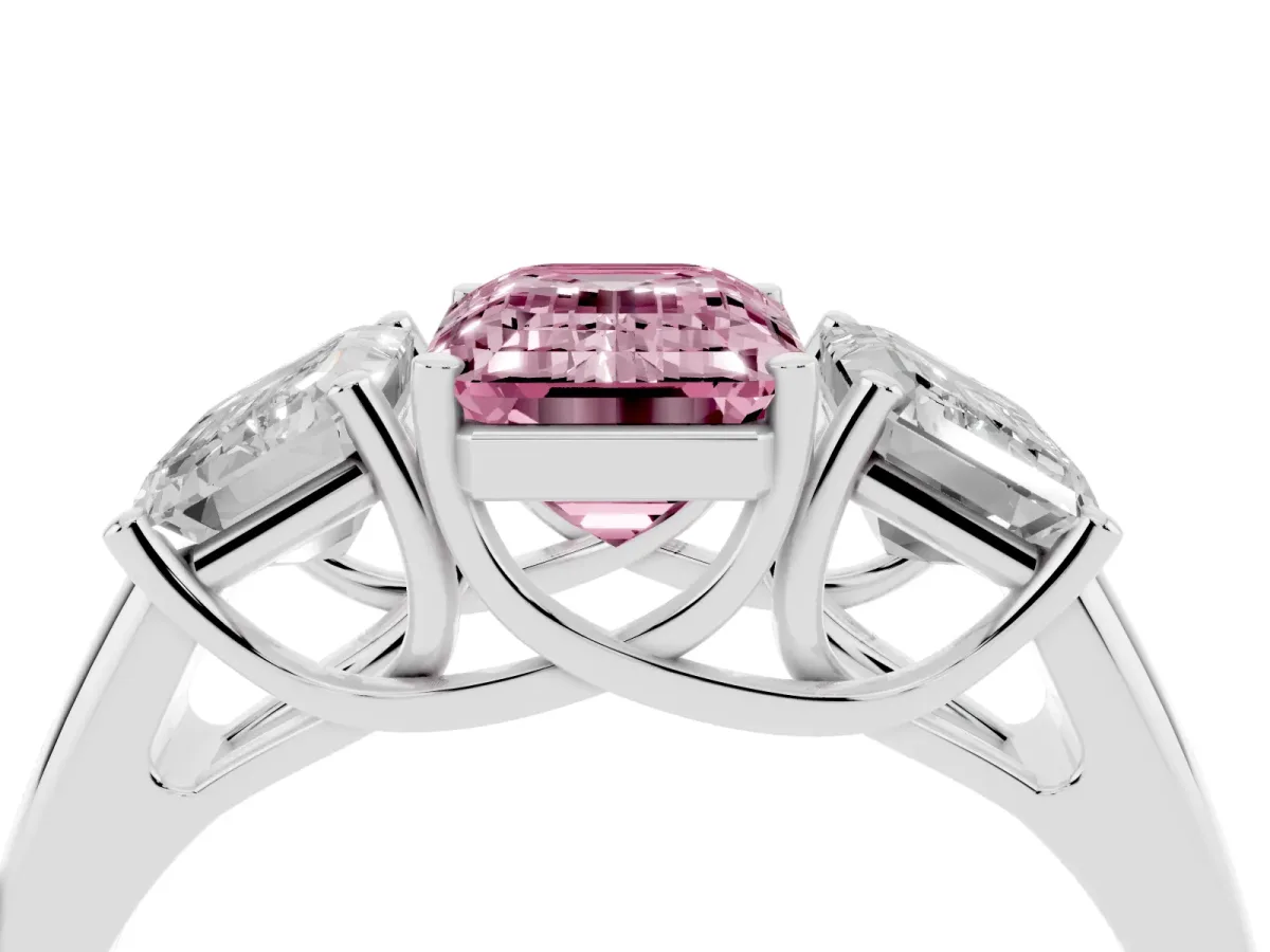 Fancy Pink Three-Stone Emerald Cut Diamond Engagement Ring with Prong Setting Platinum