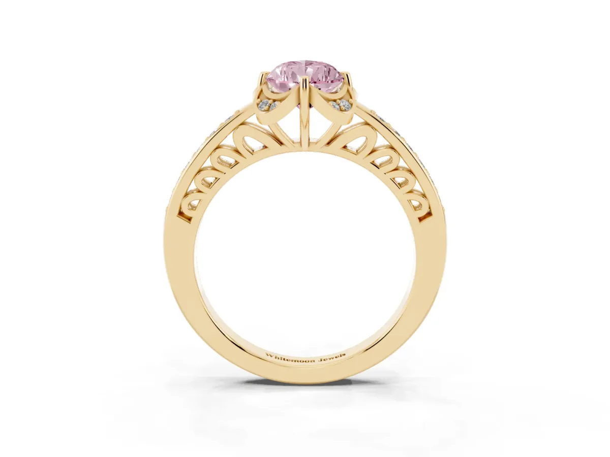 Fancy Pink Pear Cut Cut Halo Diamond Ring with Channel Set Band and Four-Prong Setting Yellow gold