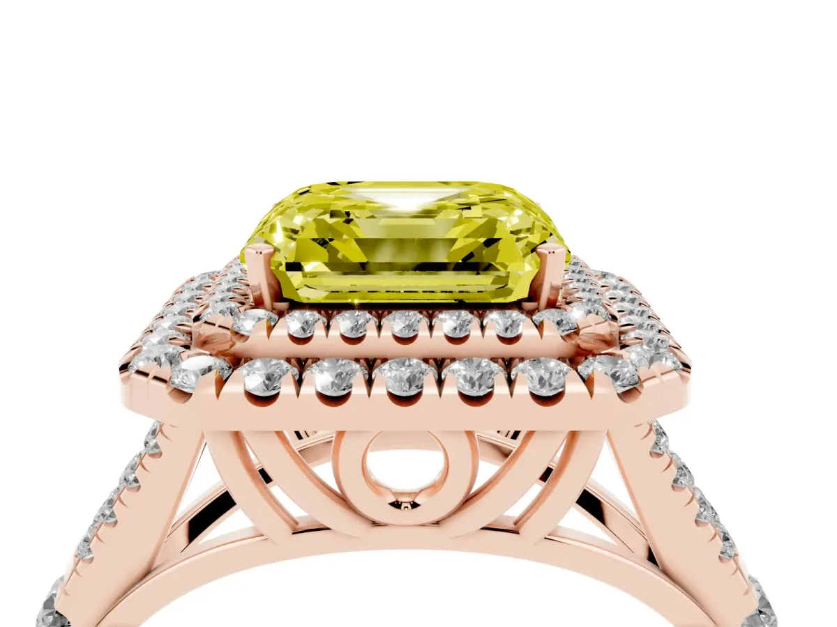 Fancy Yellow Asscher Cut Cut Double Halo Split Shank Diamond Ring with Prong Setting Rose gold