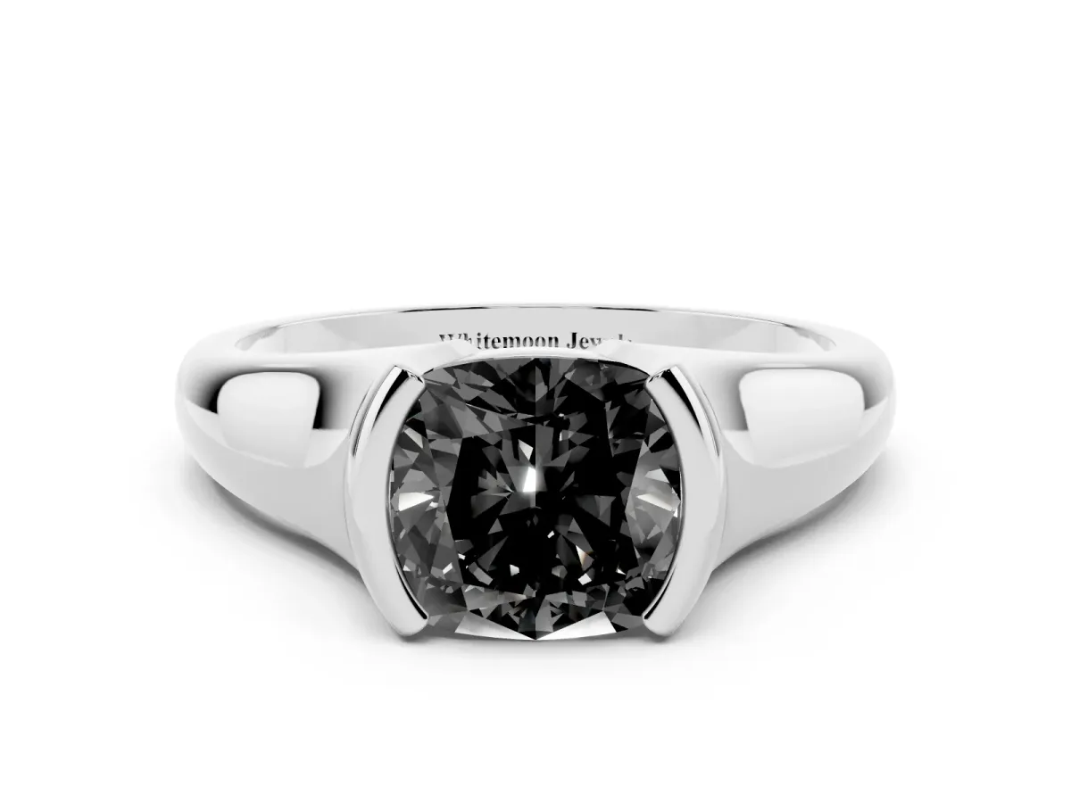 Fancy Black Cushion Cut Solitaire Tension Set Diamond Ring with Split Shank Band Silver