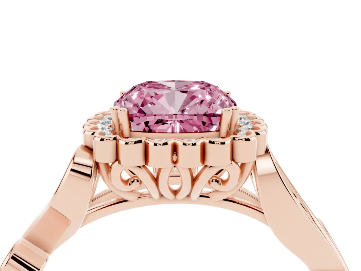 Fancy Pink Cushion Cut Diamond Halo Ring with Vintage Split Shank and Four-Prong Setting Rose gold