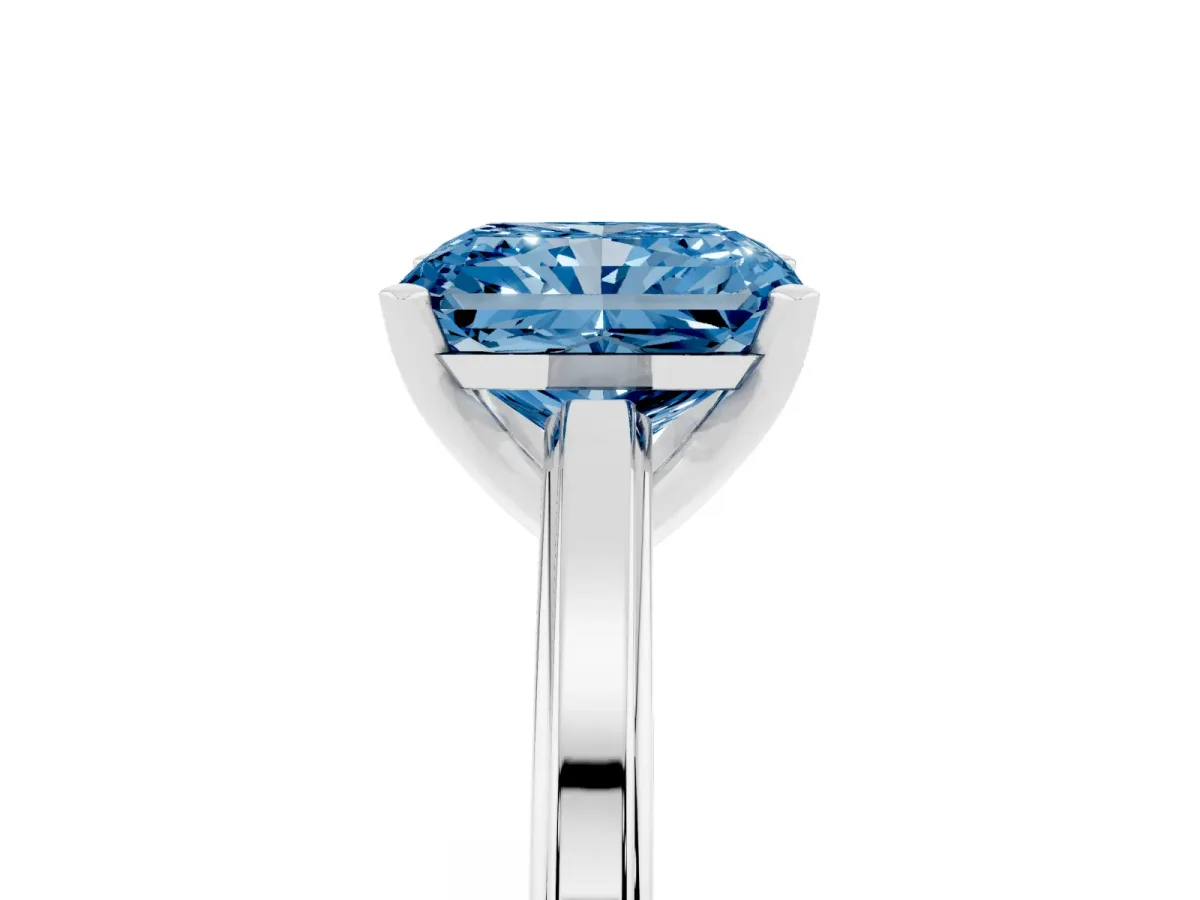 Fancy Blue Radiant Cut Solitaire Diamond Ring with Four-Prong Setting and Classic Band Platinum