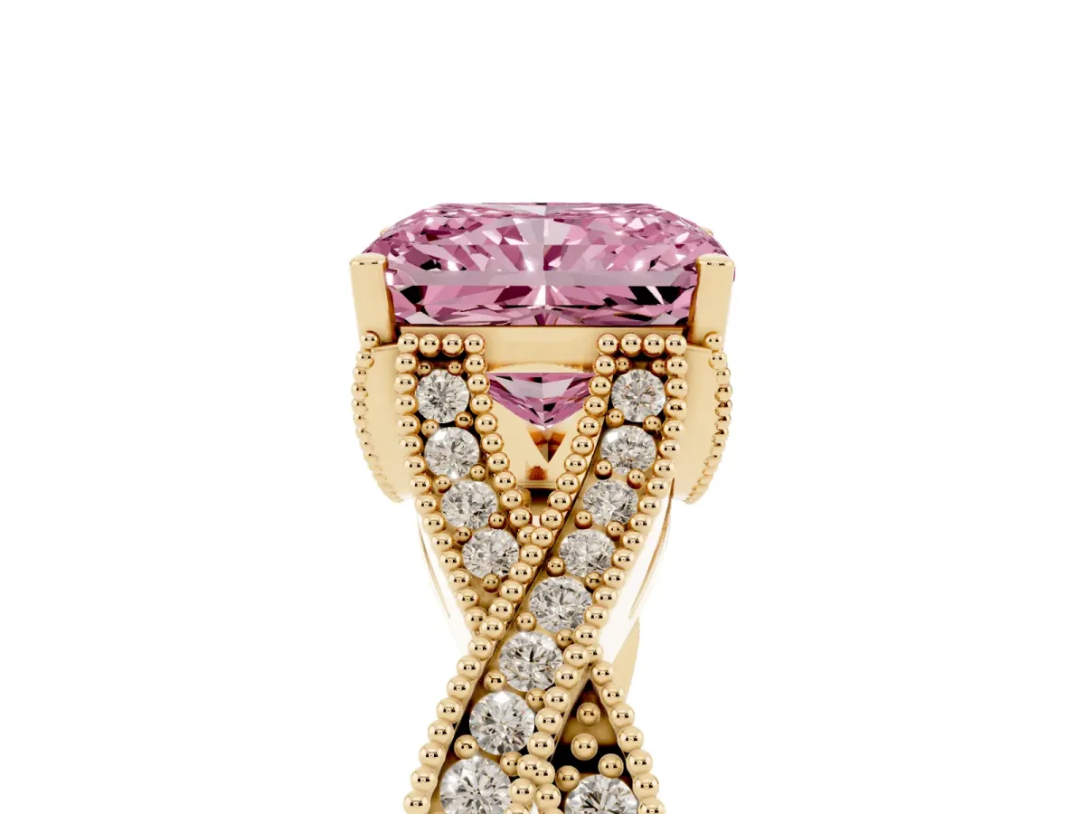 Fancy Pink Radiant Cut Cut Diamond Twisted Band with Milgrain Pave Setting and Four-Prong Setting Yellow gold