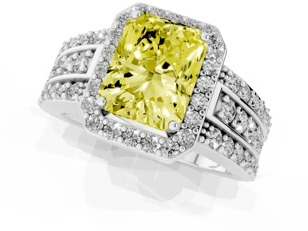 Fancy Yellow Radiant Cut Halo Diamond Ring with Round Split Shank and Prong Setting Silver