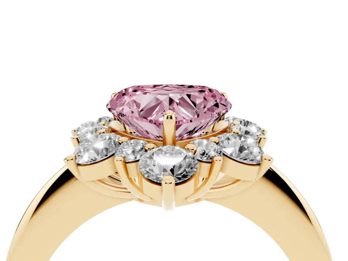 Fancy Pink Heart Cut Diamond Cluster Halo Ring with Solitaire Band and Four-Prong Setting Yellow gold