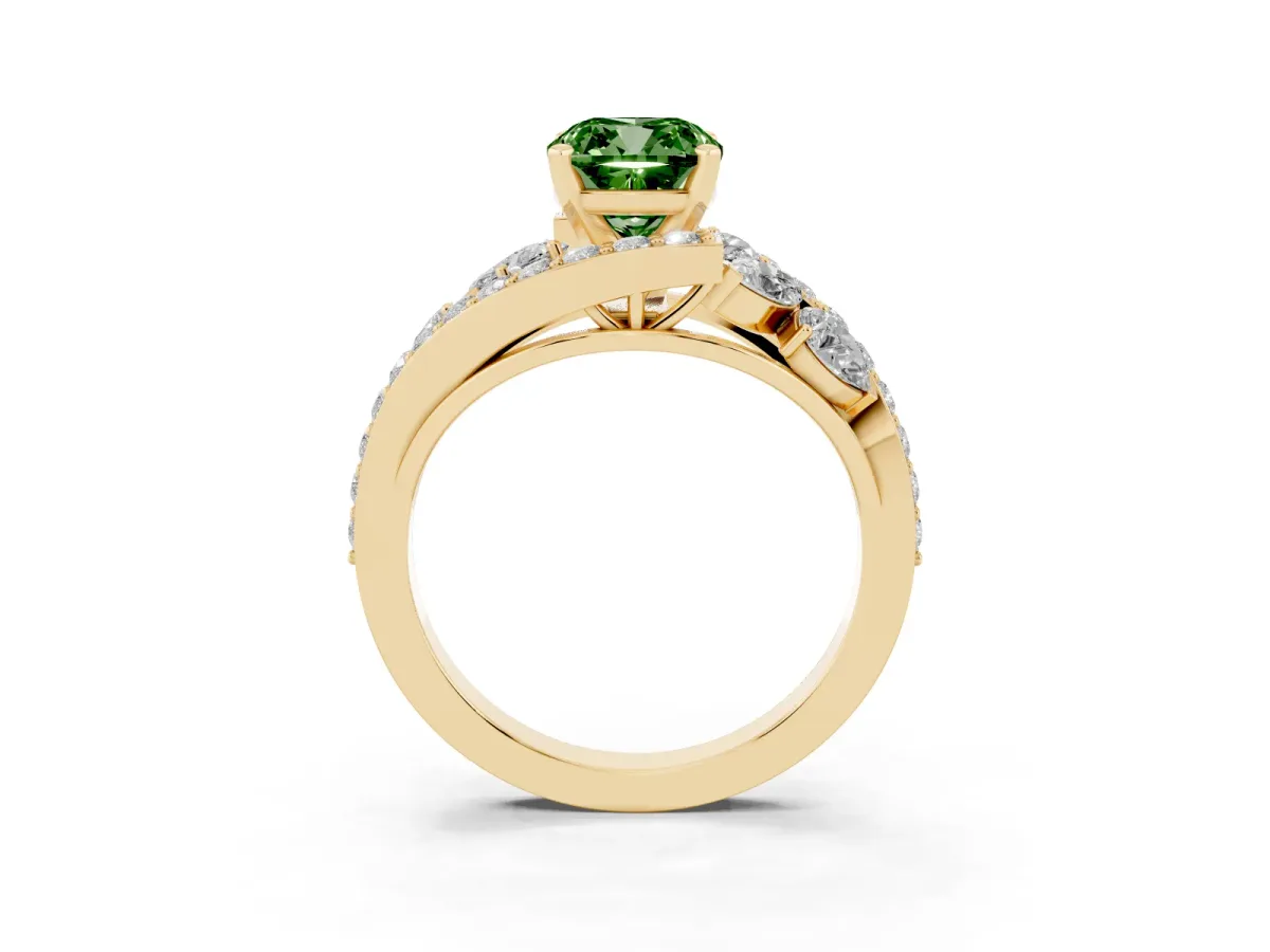 Fancy Green Cushion Cut Diamond Halo Ring with Marquise and Pavé Band in Prong Setting Yellow gold