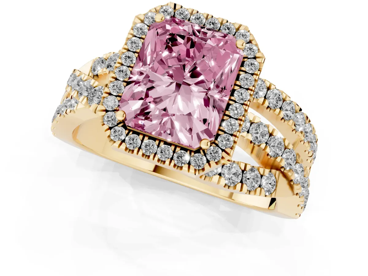 Fancy Pink Radiant Cut Diamond Halo Ring with Round Split Shank and Prong Setting Yellow gold