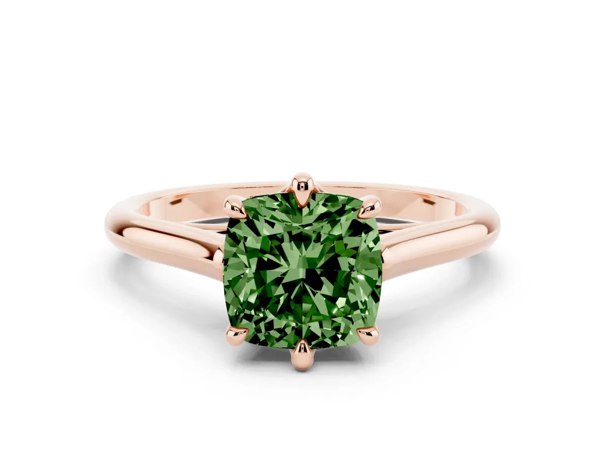 Fancy Green Cushion Cut Solitaire Engagement Ring with Six-Prong Setting and Classic Band Rose gold