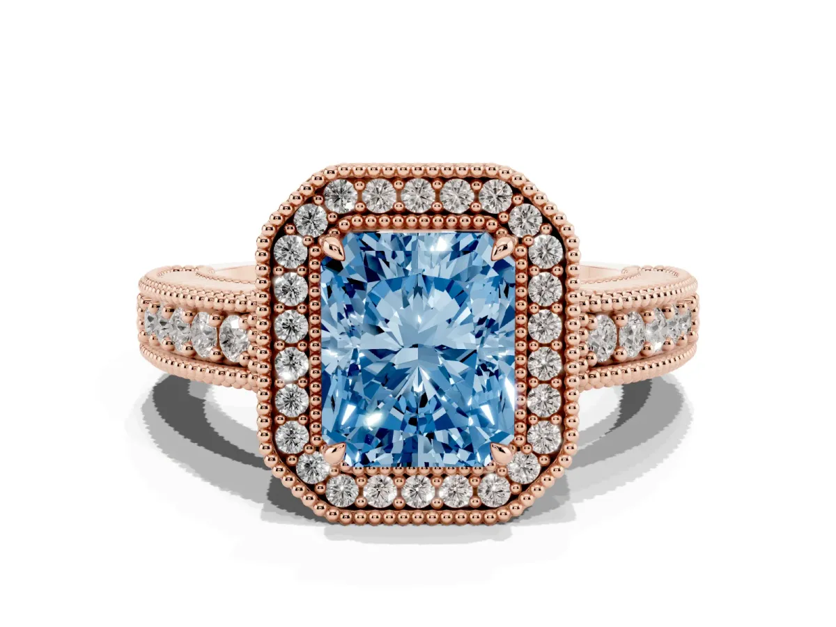Fancy Blue Radiant Cut Cut Halo Diamond Ring with Pavé Band and Four-Prong Setting Rose gold