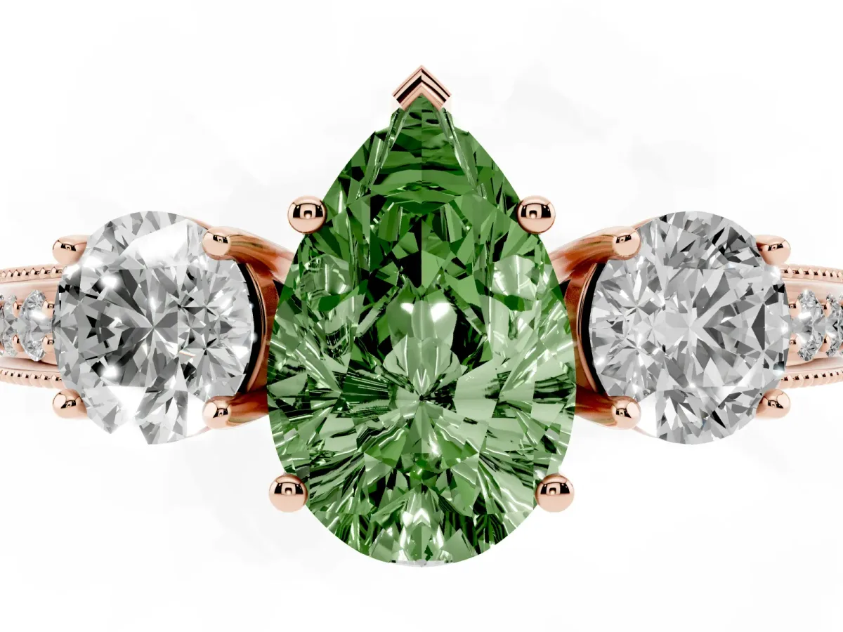 Fancy Green Pear Cut Three-Stone Diamond Ring with Pavé Band and Four-Prong Setting Rose gold