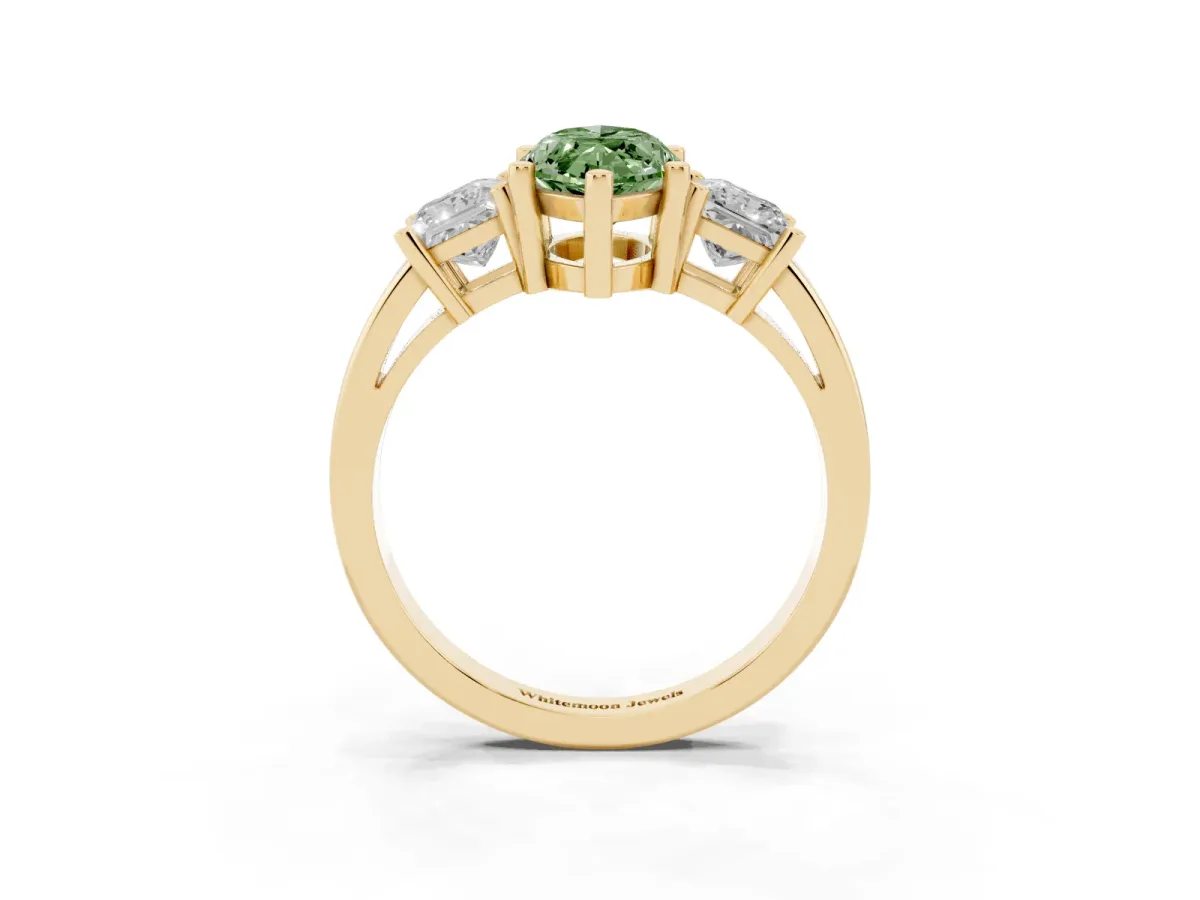 Fancy Green Three-Stone Marquise Cut Cut Solitaire Ring with Prong Setting Yellow gold