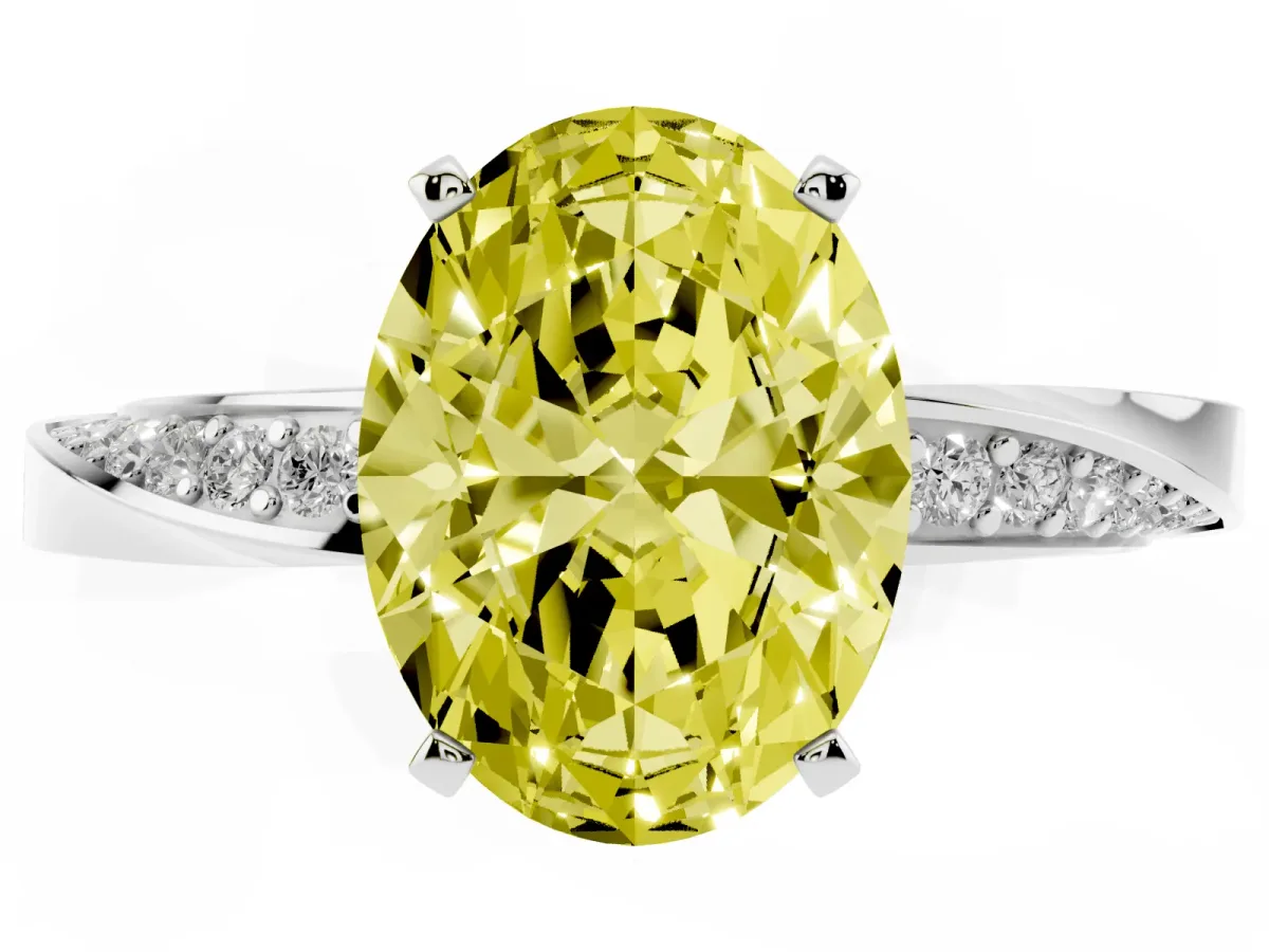 Fancy Yellow Oval Cut Diamond Engagement Ring with Side Stone Accents and Four-Prong Setting Silver