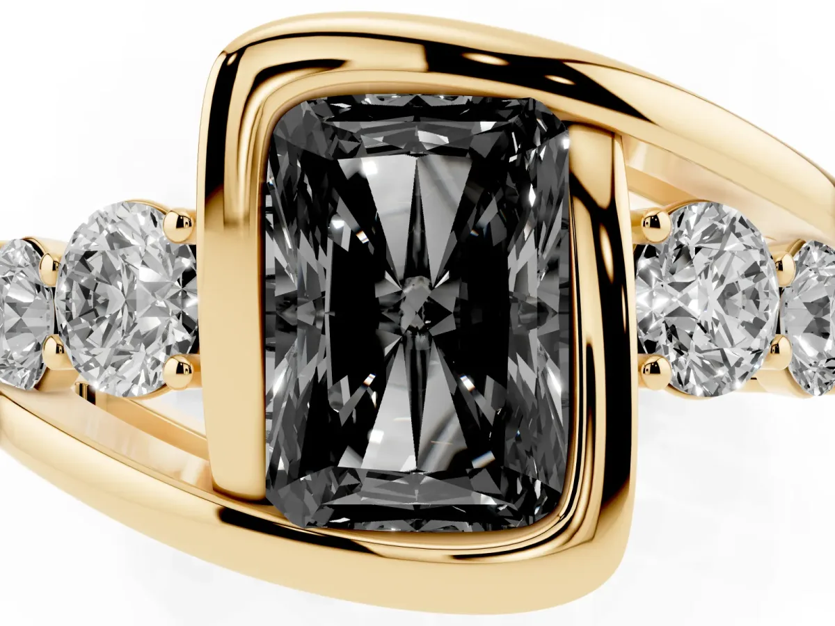 Fancy Black Bezel Set Radiant Cut Diamond Bypass Ring with Round Accents Yellow gold
