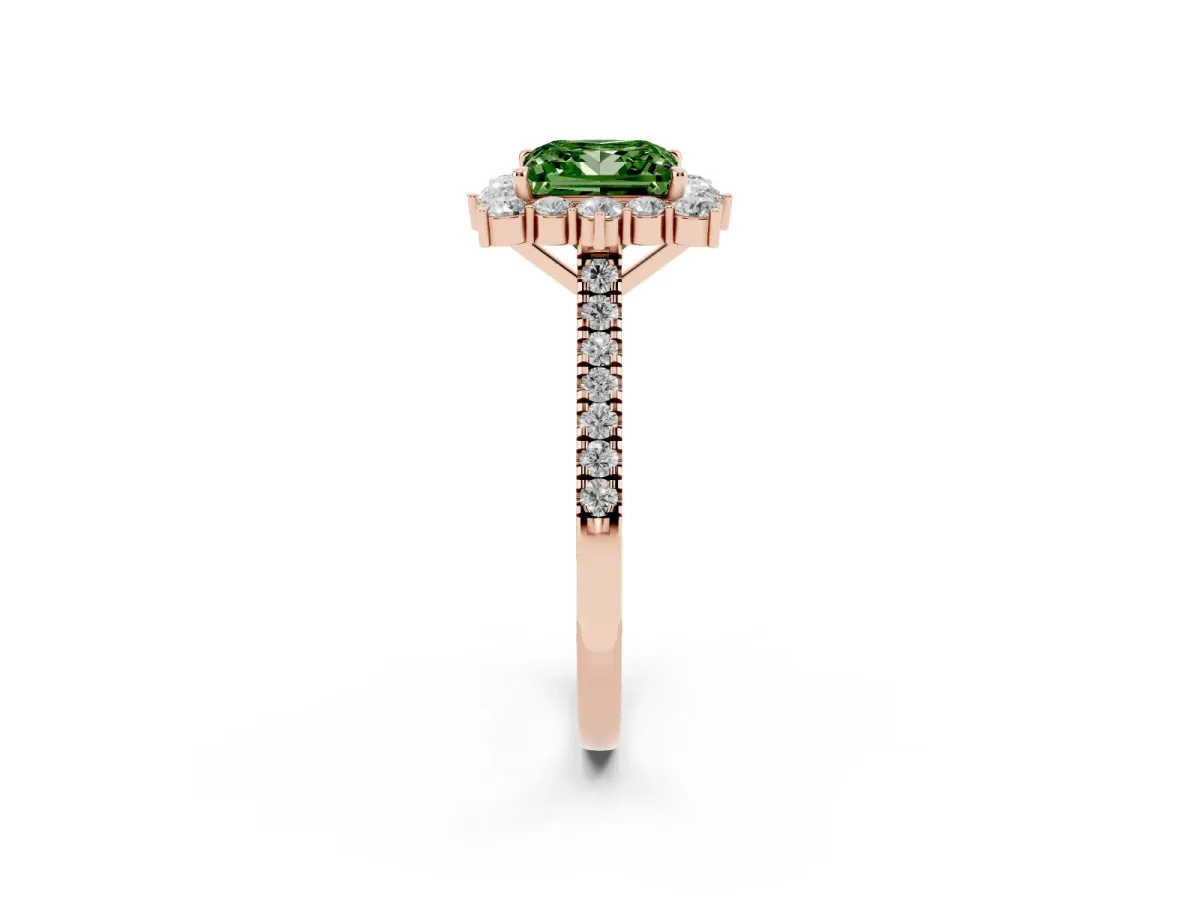 Fancy Green Princess Cut Halo Diamond Ring with Pavé Band and Prong Setting Rose gold