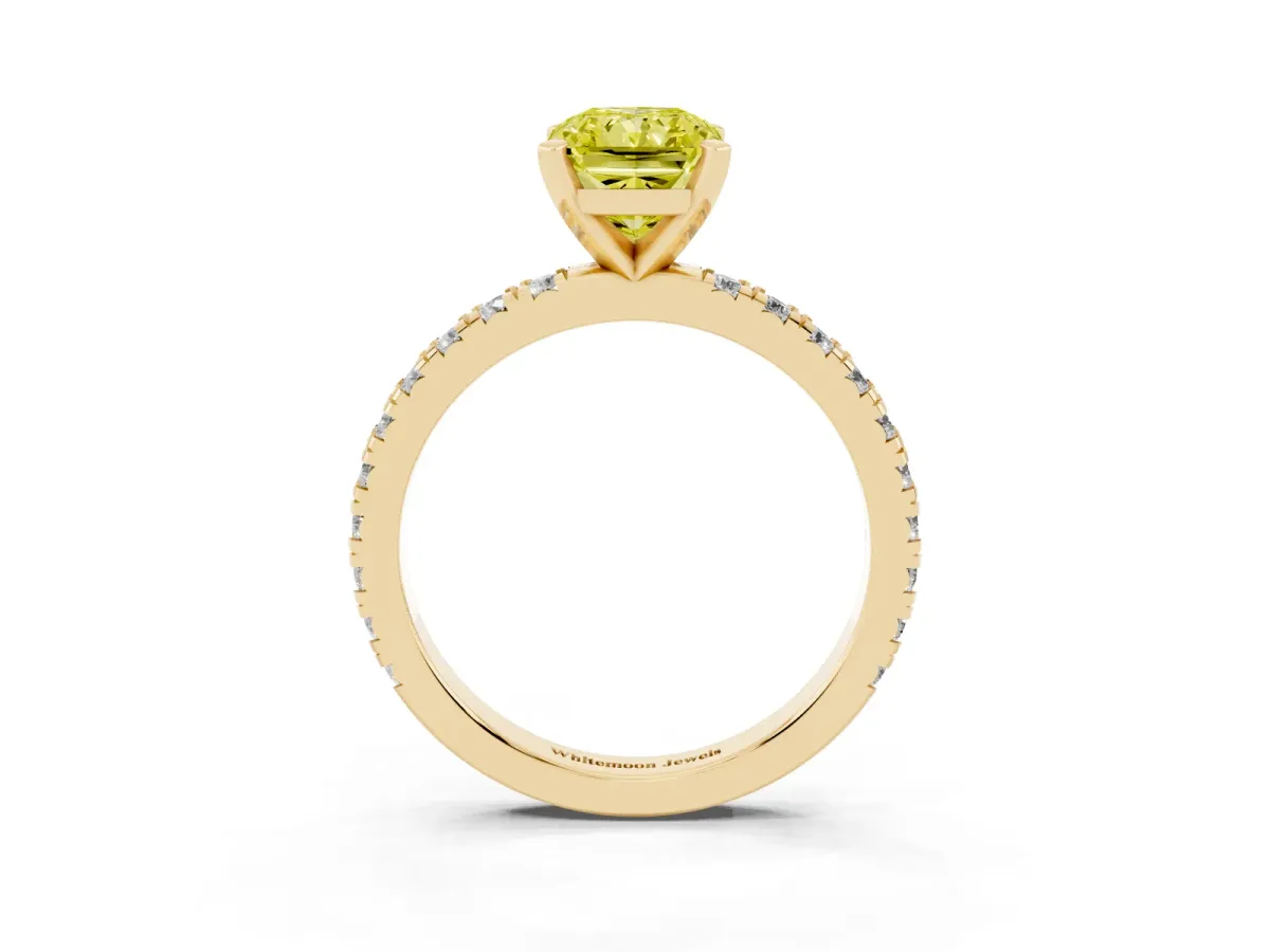 Fancy Yellow Radiant Cut Diamond Pavé Band Solitaire with Four-Prong Setting Yellow gold