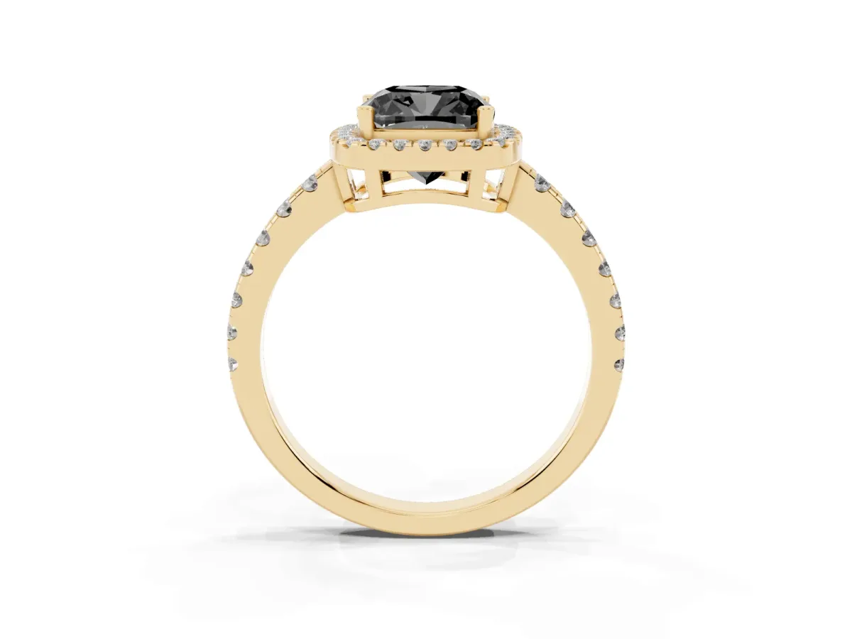 Fancy Black Cushion Cut Diamond Halo Ring with Pavé Band and Four-Prong Setting Yellow gold