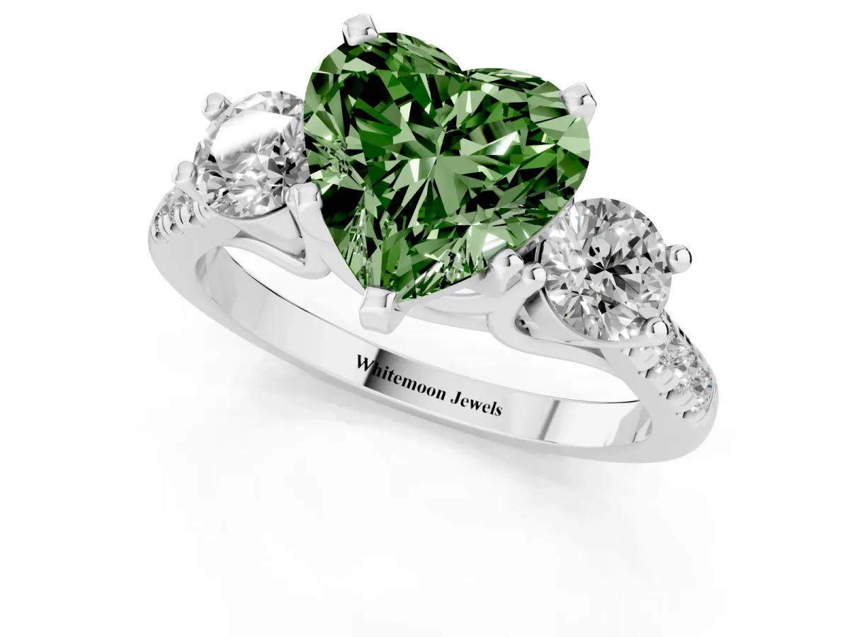 Fancy Green Three-Stone Heart Cut Diamond Pavé Band with Four-Prong Setting Silver