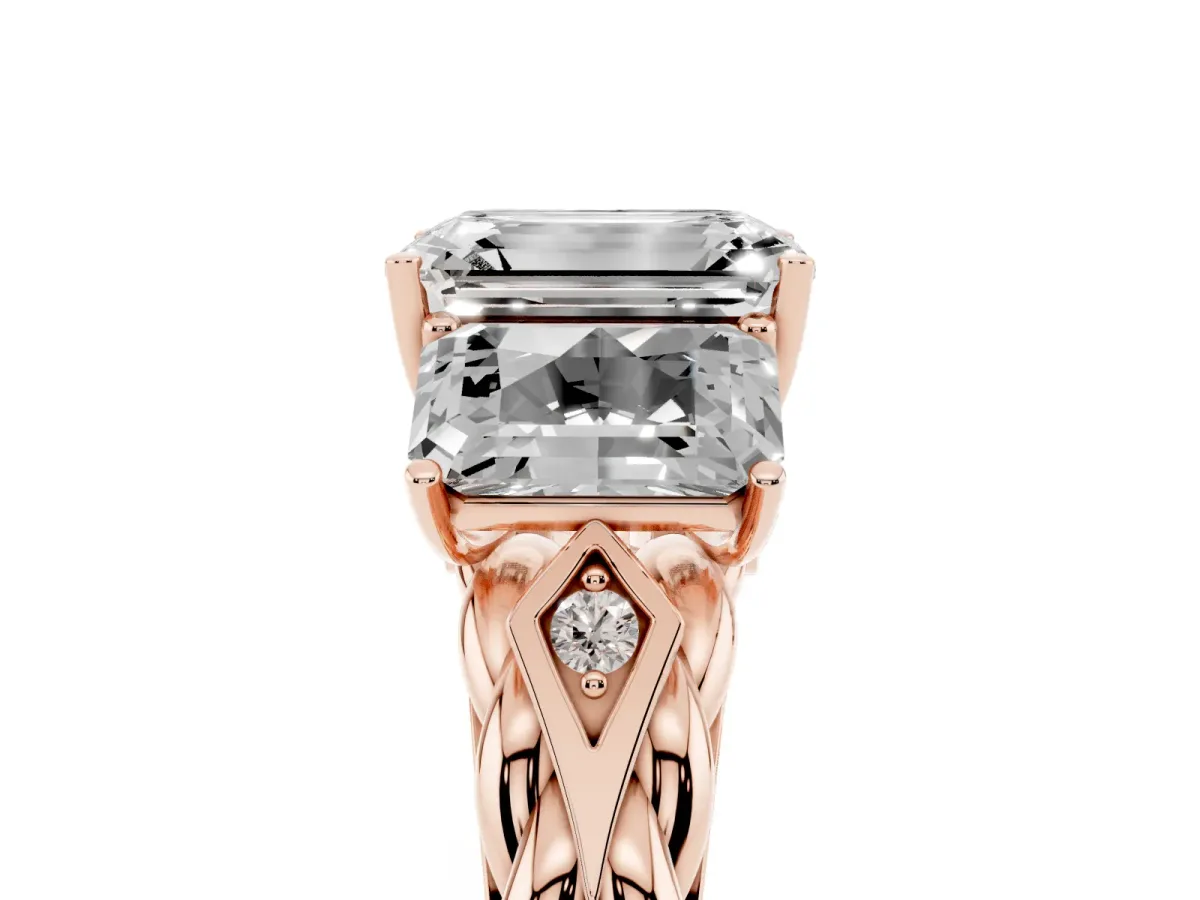 Three-Stone Radiant Cut Diamond Braided Band Ring with Four-Prong Setting Rose gold