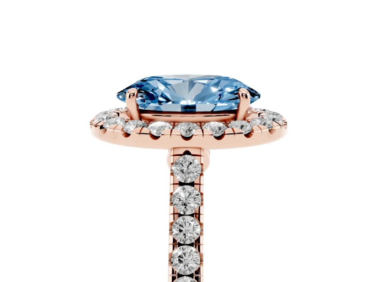 Fancy Blue Oval Cut Halo Pave Diamond Engagement Ring with Four-Prong Setting Rose gold