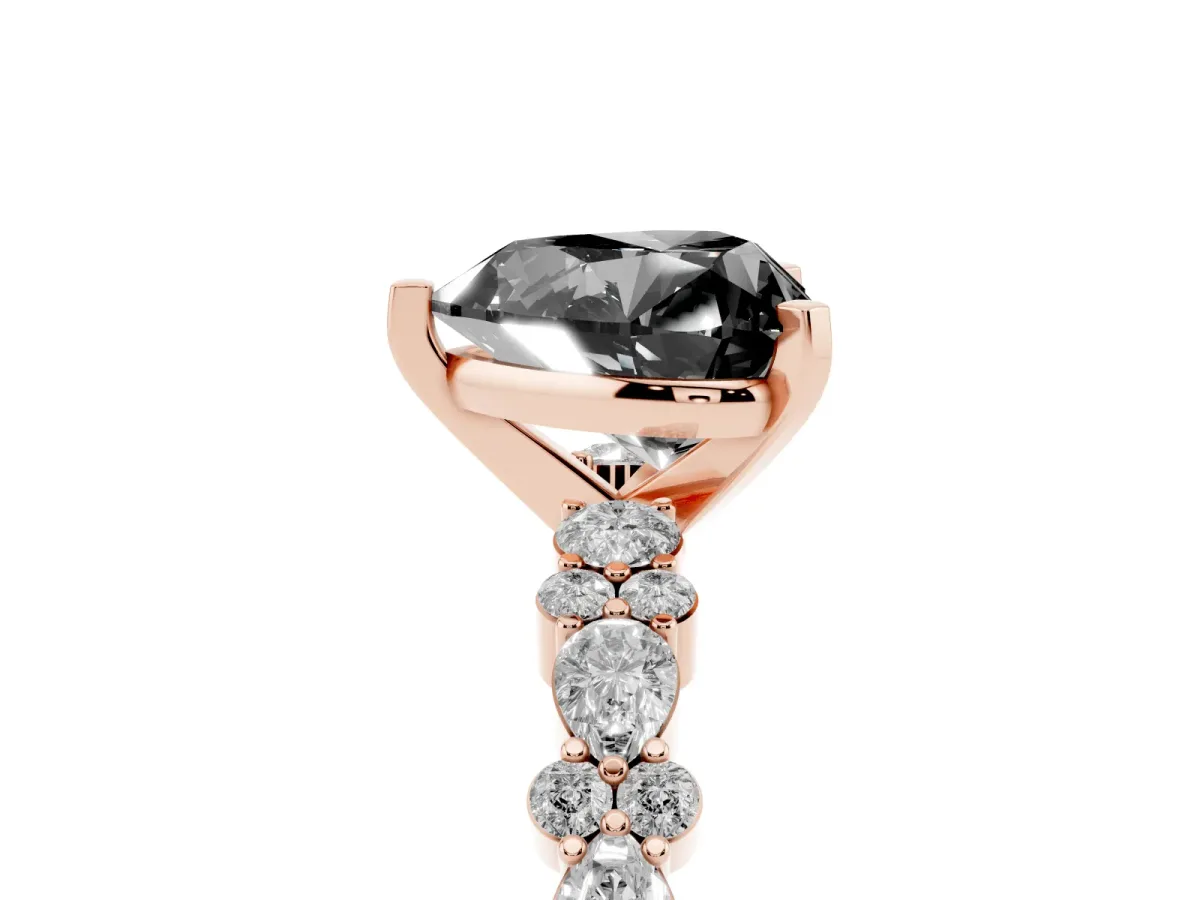 Fancy Black Heart Cut Diamond Side Stone Solitaire Ring with Round and Four-Prong Setting Rose gold