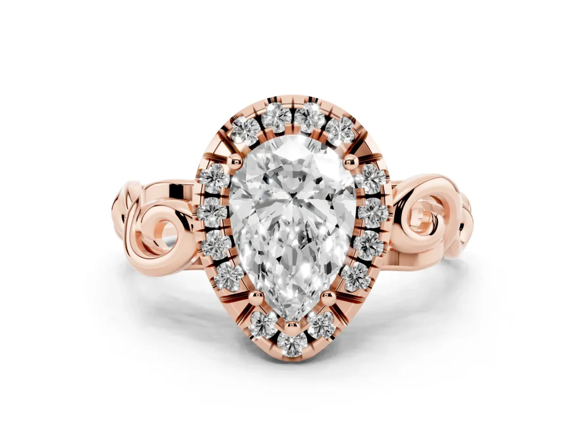 Pear Cut Cut Halo Diamond Ring with Scrollwork Band and Four-Prong Setting Rose gold