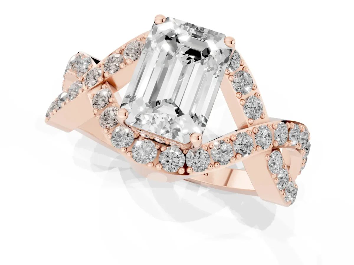 Emerald Cut Solitaire Twist Band Pavé Diamond Engagement Ring Rose gold
