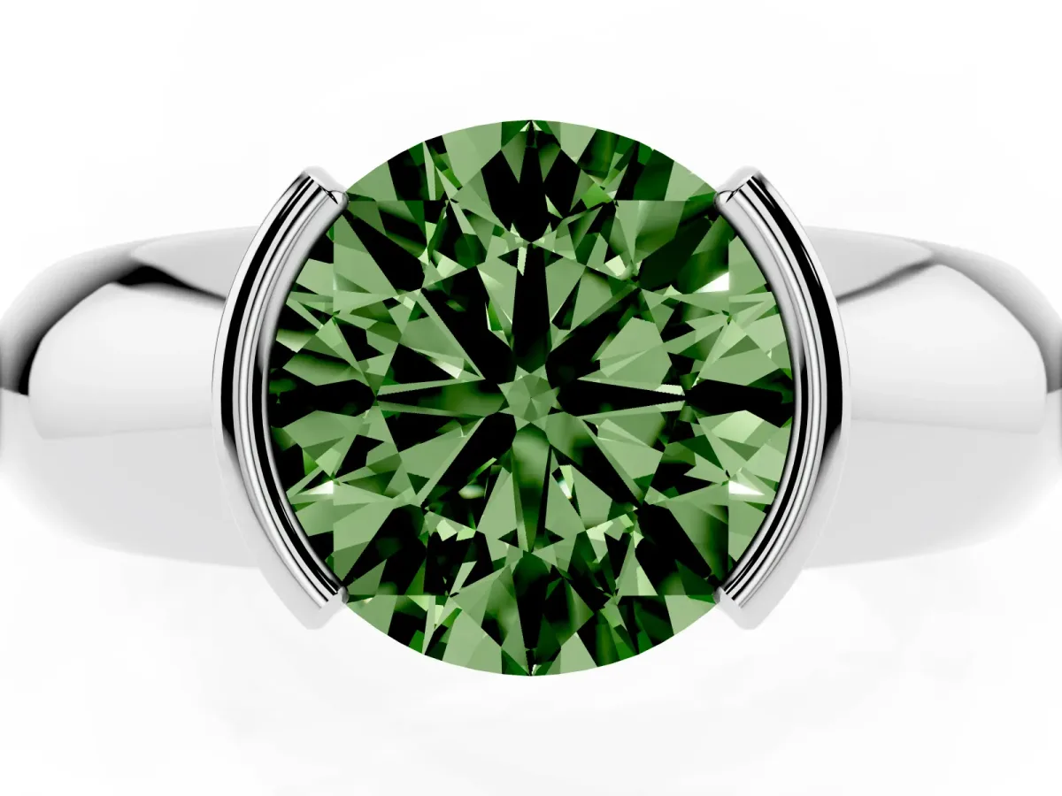 Fancy Green Round Cut Solitaire Tension Set Diamond Ring with Wide Band White gold