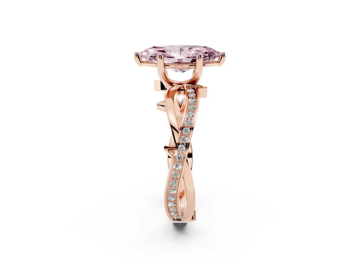Fancy Pink Marquise Cut Solitaire Twist Band with Pavé Accents and Four-Prong Setting Rose gold