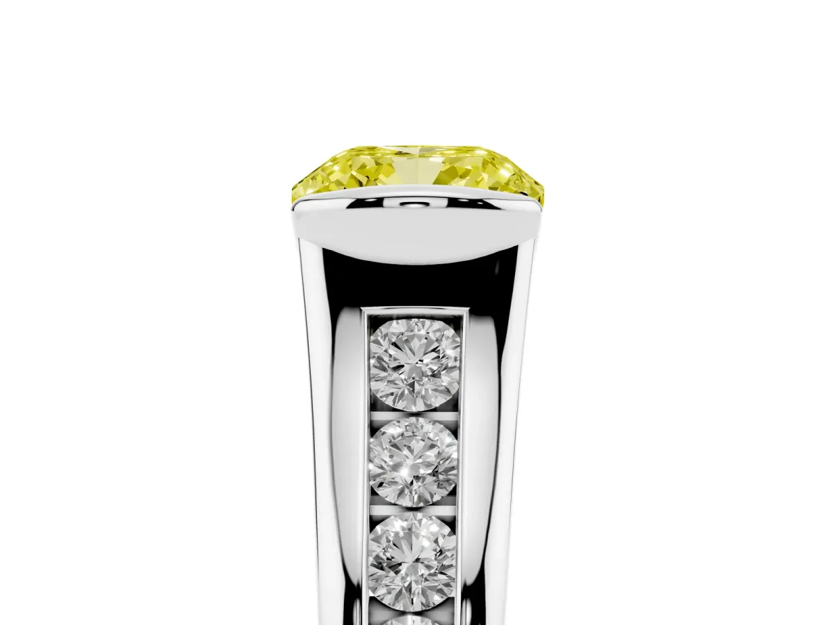 Fancy Yellow Cushion Cut Solitaire Bezel-Set Diamond Ring with Channel-Set Band Silver