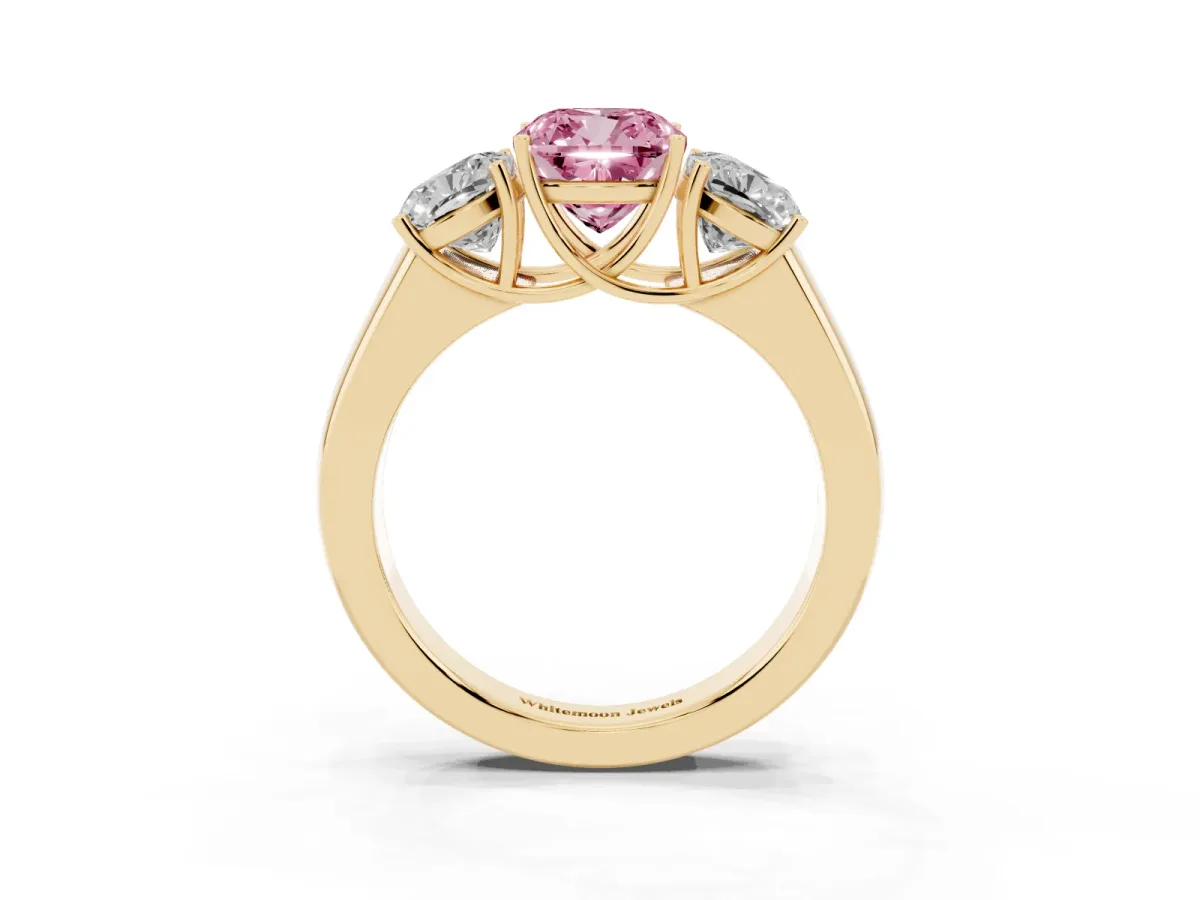 Fancy Pink Three-Stone Cushion Cut Cut Diamond Ring with Prong Setting and Classic Band Yellow gold