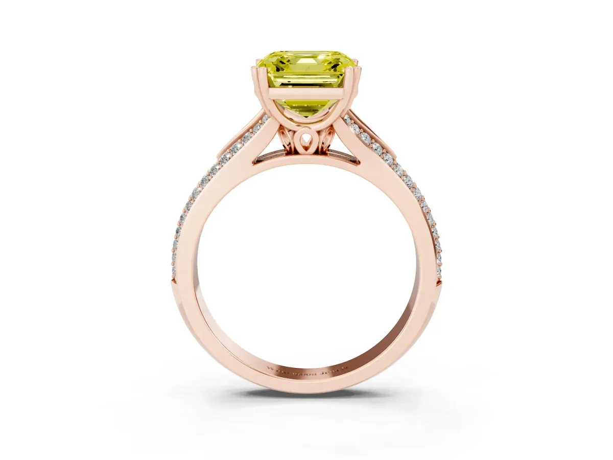 Fancy Yellow Asscher Cut Diamond Split Shank Engagement Ring with Pavé Band Rose gold
