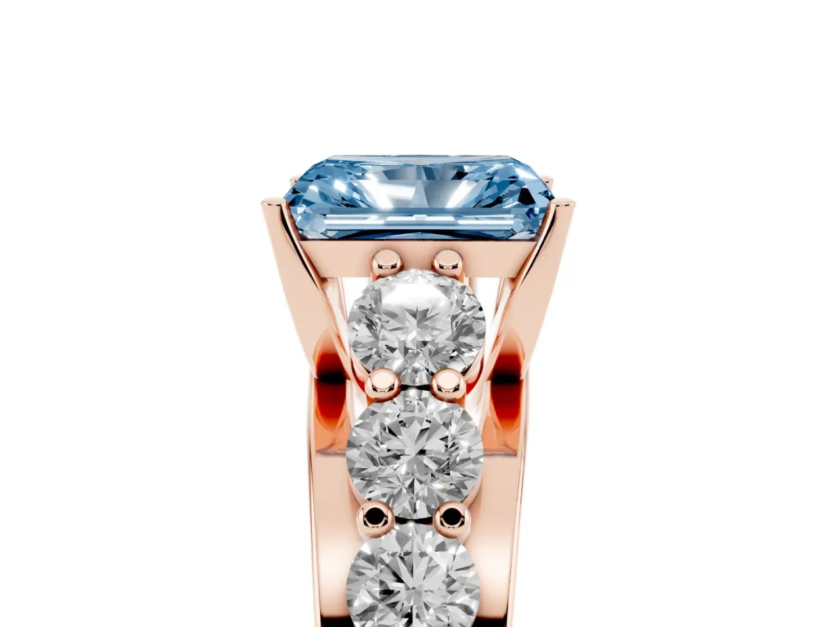 Fancy Blue Radiant Cut Diamond Engagement Ring with Pavé Band and Four-Prong Setting Rose gold