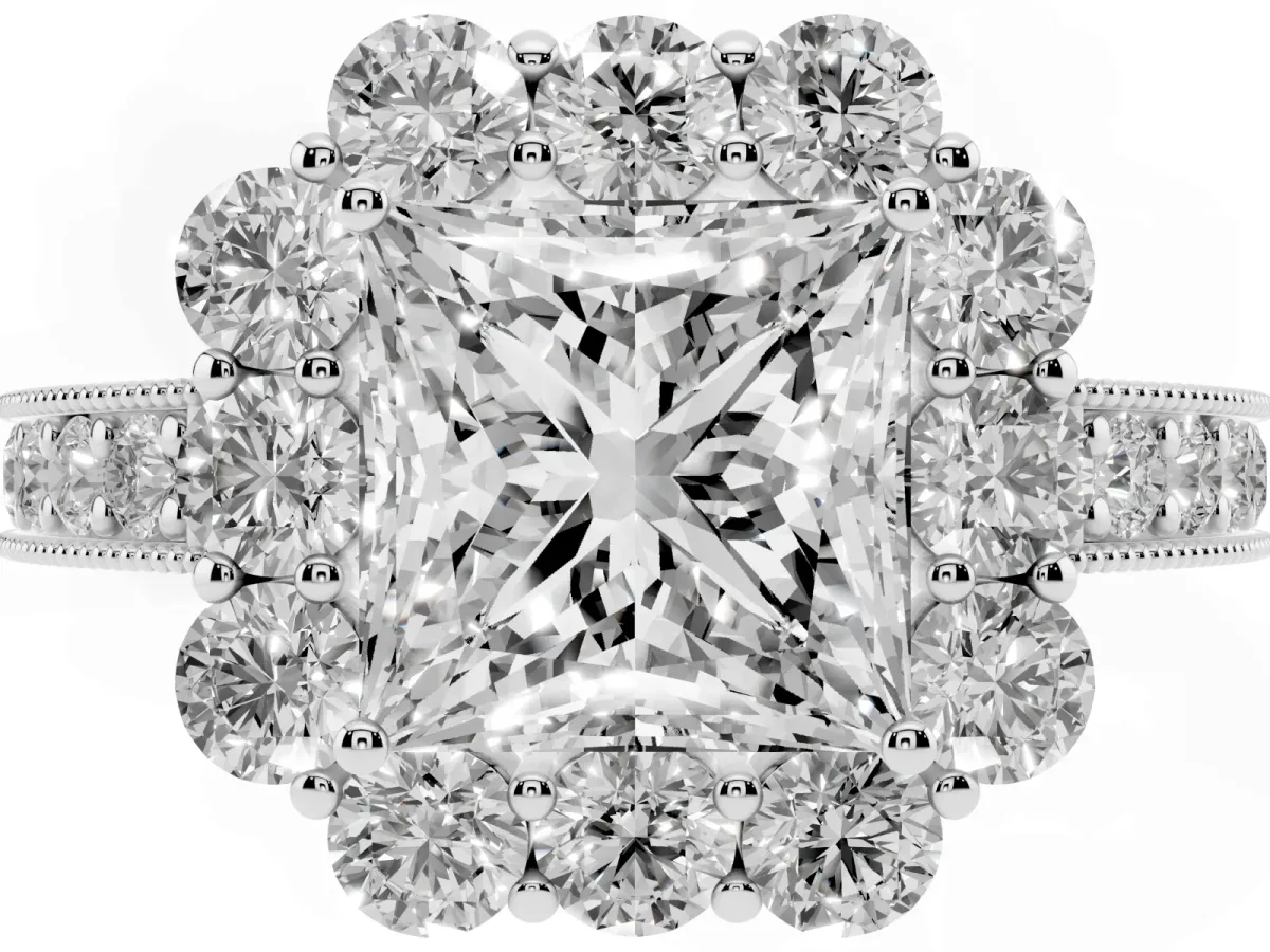 Princess Cut Cut Halo Diamond Pavé Engagement Ring with Milgrain Detailing Platinum