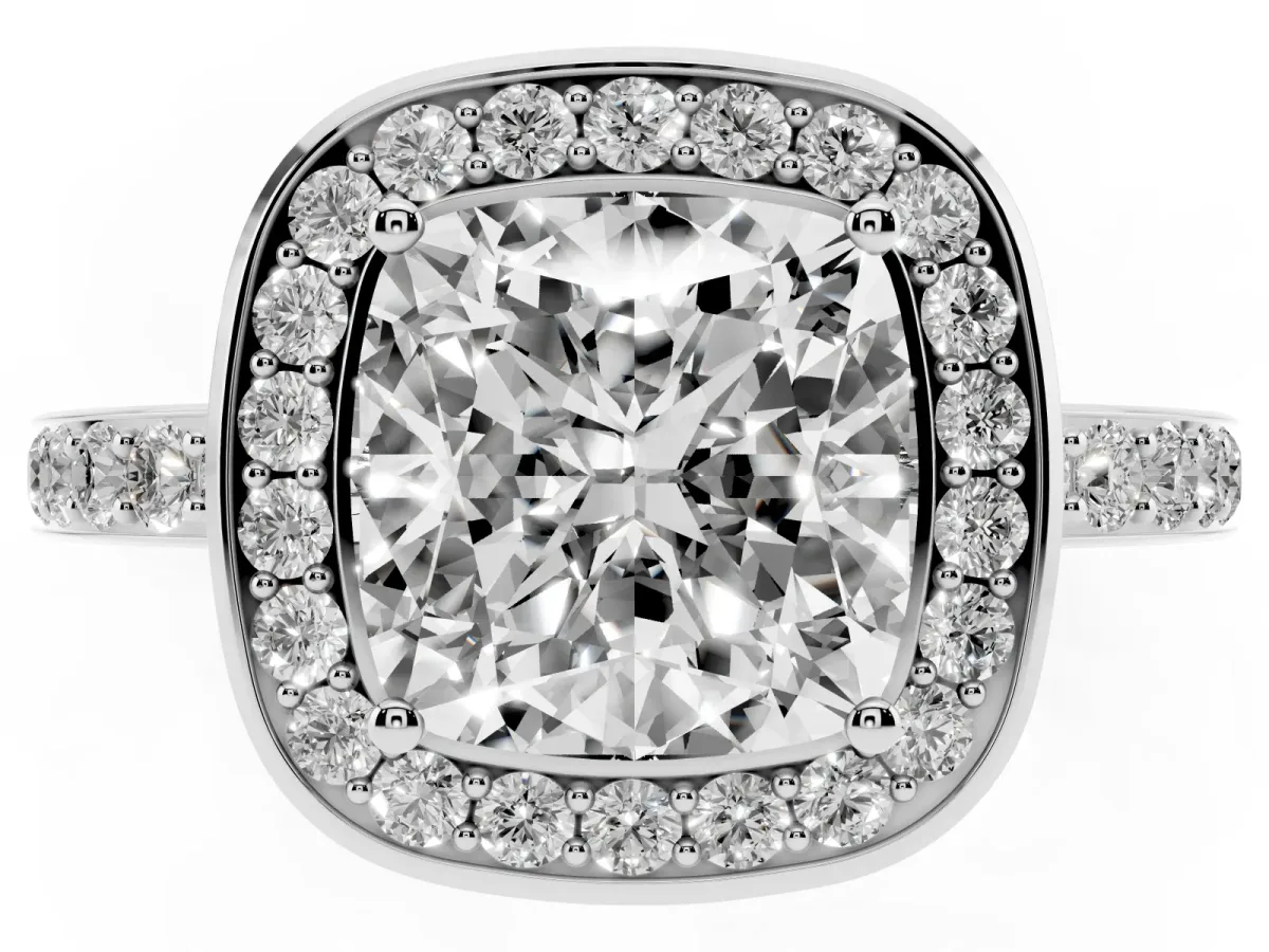 Cushion Cut Diamond Halo Ring with Bezel Frame and Pavé Band Silver