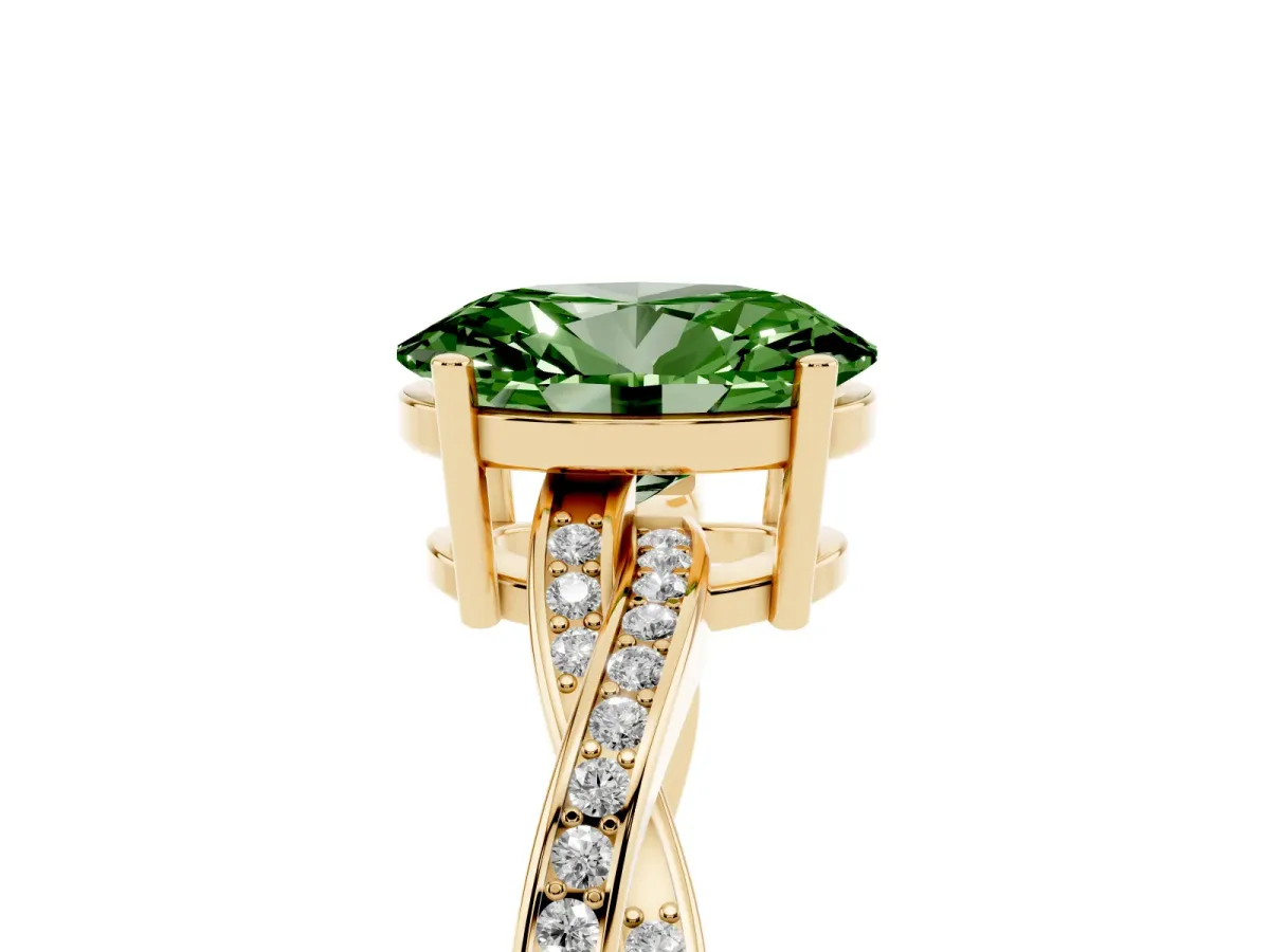 Fancy Green Oval Cut Solitaire Twisted Pave Diamond Ring with Four-Prong Setting Yellow gold