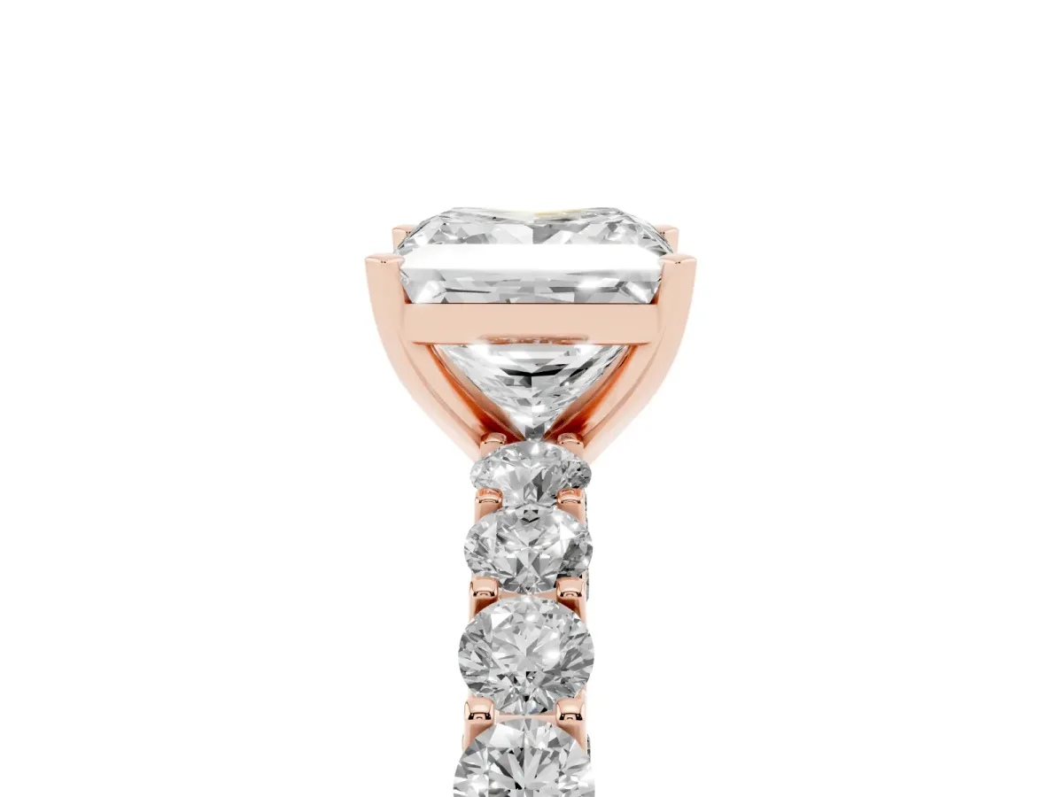 Princess Cut Diamond Solitaire Ring with Shared Prong Pavé Band and Four-Prong Setting Rose gold