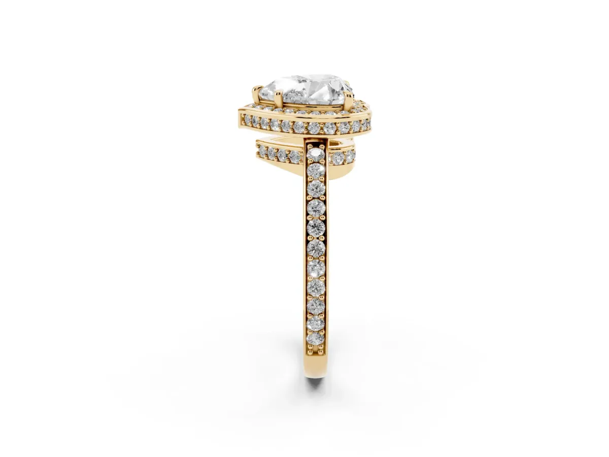 Heart Cut Halo Pave Band Solitaire Ring with Prong Setting Yellow gold