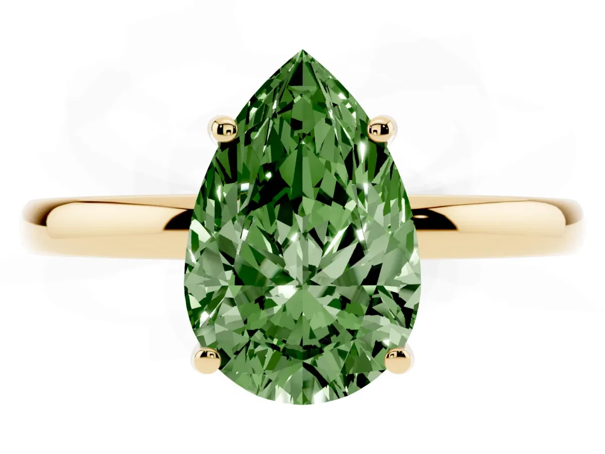 Fancy Green Pear Cut Solitaire Diamond Ring with Prong Setting and Plain Band Yellow gold