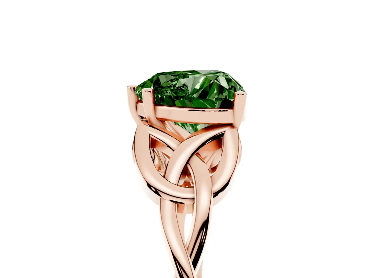 Fancy Green Heart Cut Diamond Solitaire Engagement Ring with Celtic Knot Band and Four-Prong Setting Rose gold
