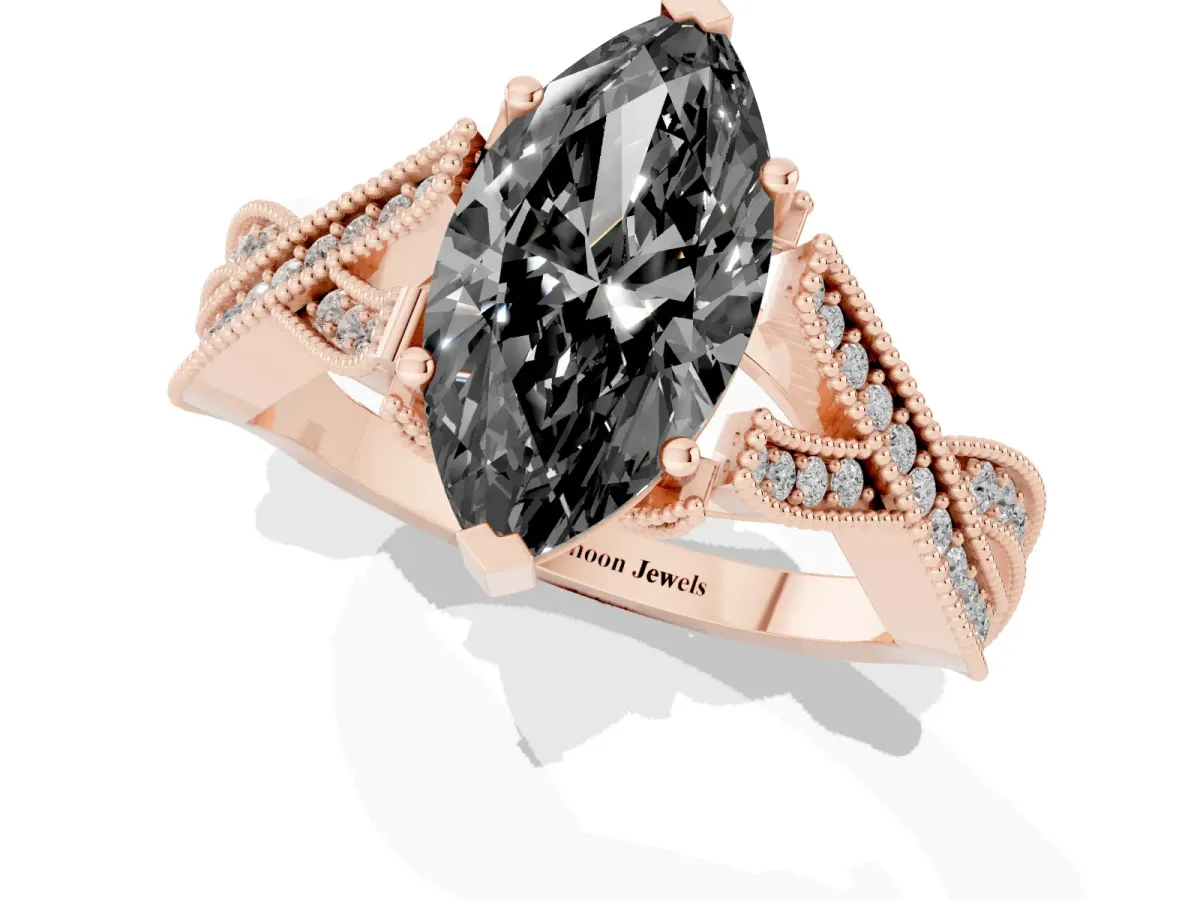Fancy Black Marquise Cut Cut Diamond Twisted Band with Milgrain Pave Setting and Four-Prong Setting Rose gold